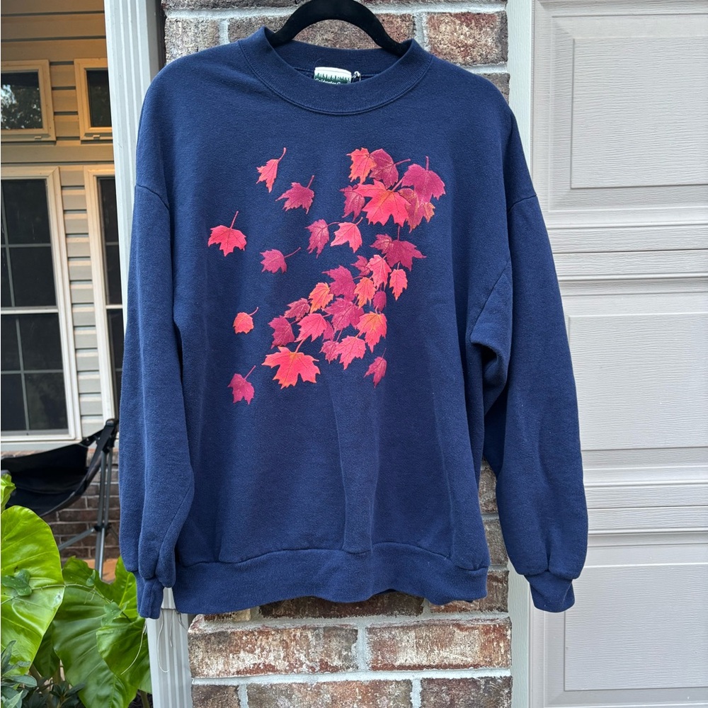 Vintage Coldwater Creek Jerzee Navy Sweatshirt Fall Leaves Graphic Made in USA L